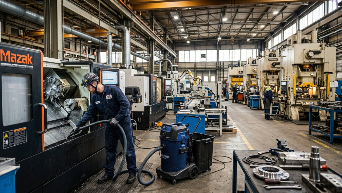 Aspirador industrial em uso na produção de auto peças, coletando cavacos e óleo de corte na fábrica.
