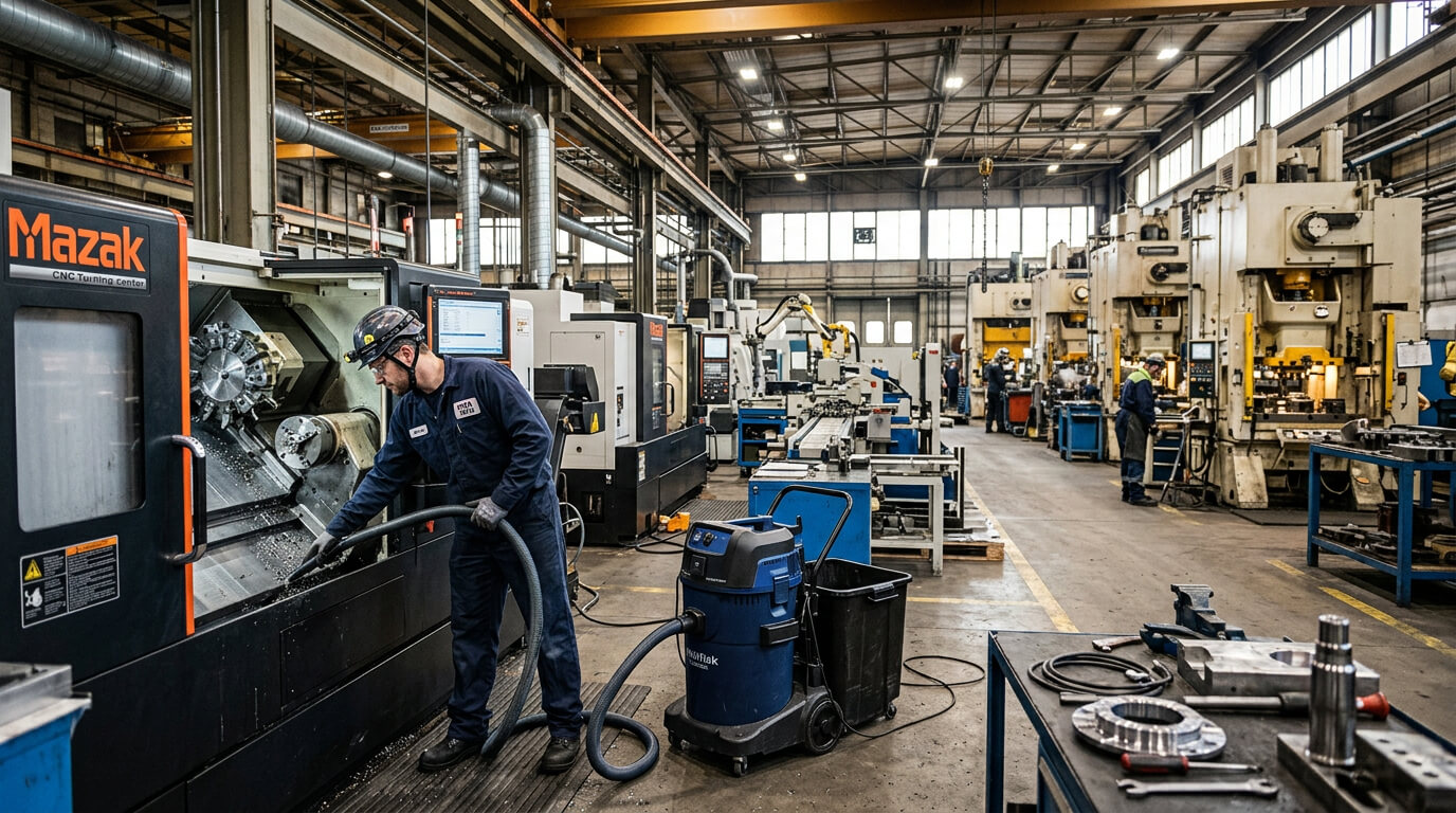 Aspirador industrial em uso na produção de auto peças, coletando cavacos e óleo de corte na fábrica.