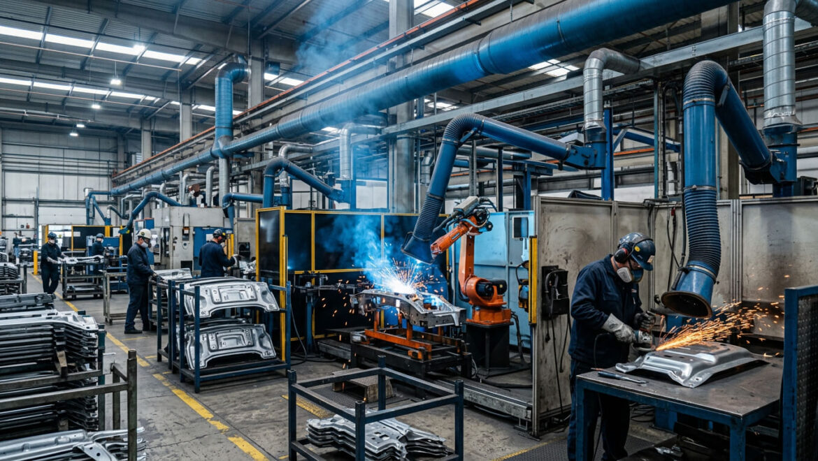 Sistema de coleta de pó com braços extratores capturando fumos de solda em fábrica de auto peças.